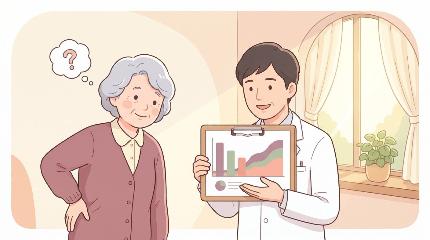 骨密度の検査結果を前に「痛くないのに、病気なの？」と戸惑う女性と、やさしく説明する医師
