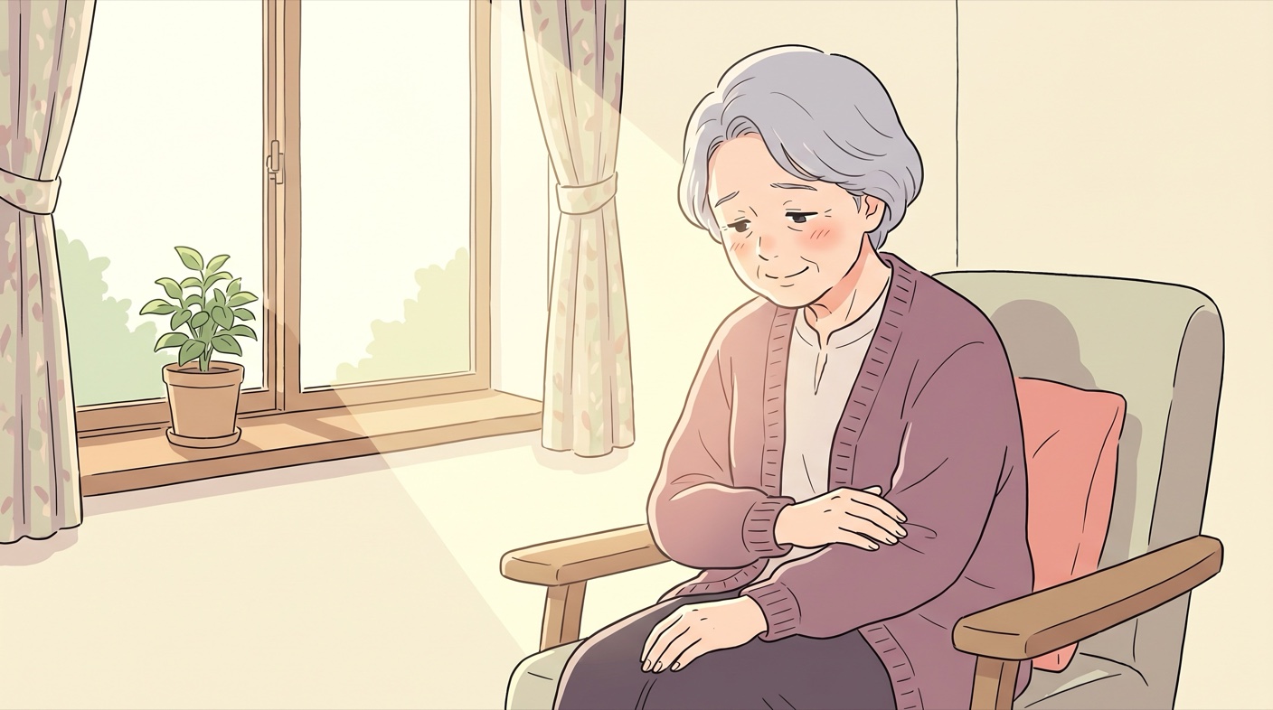 自分の腕にそっと手を当て、骨のはたらきに思いをめぐらせて微笑む年配の女性