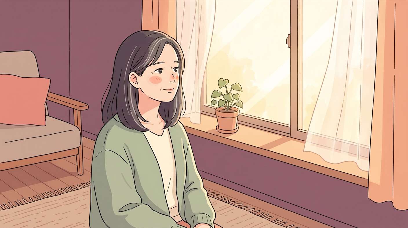 窓辺でやさしい光を浴びながら、穏やかに自分の体と向き合う50代の女性