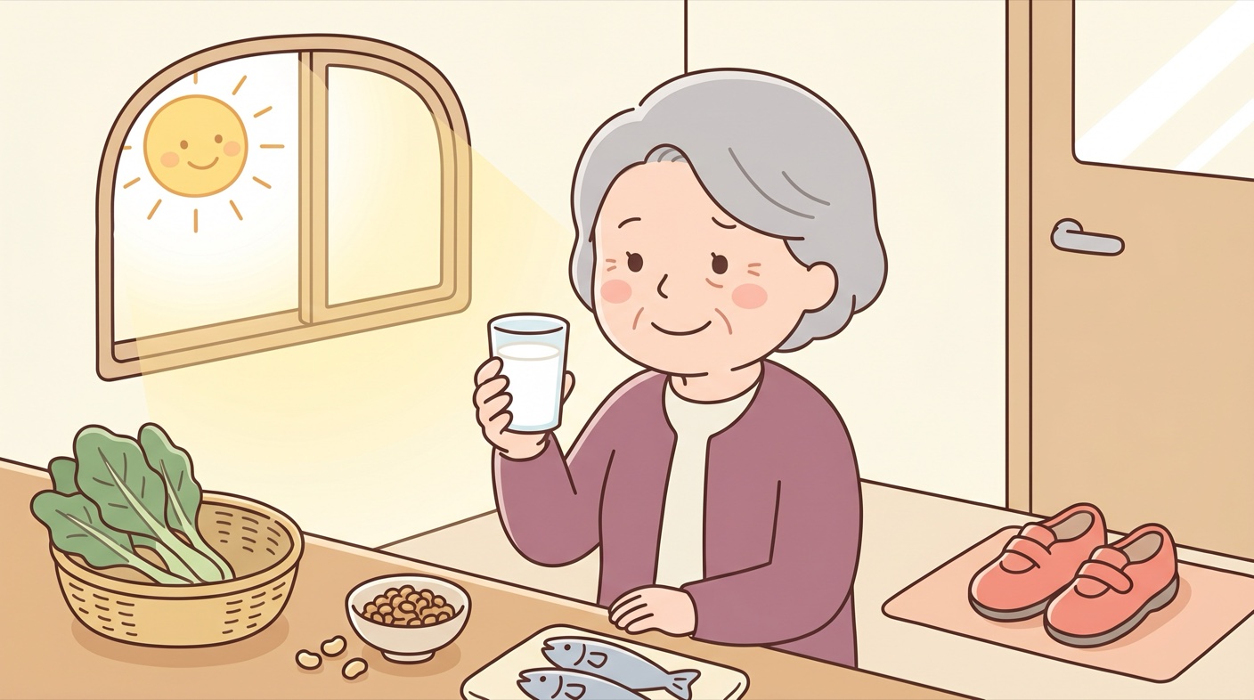 コップの牛乳を手に、少し不思議そうな表情の女性。まわりに日ざし・野菜・散歩の靴がやさしく描かれている