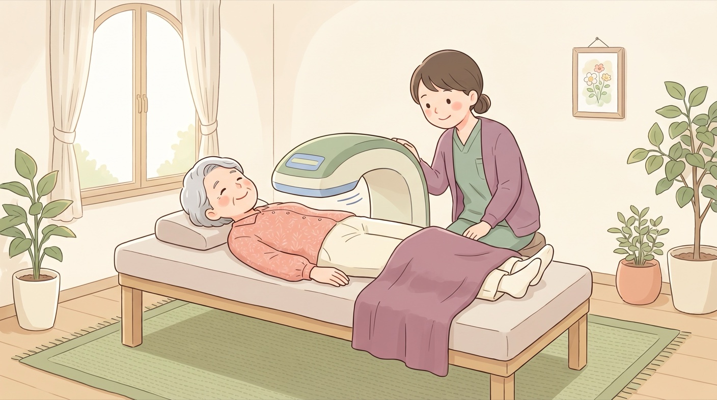 検査台に穏やかに横たわり、やさしい技師に付き添われて安心している女性