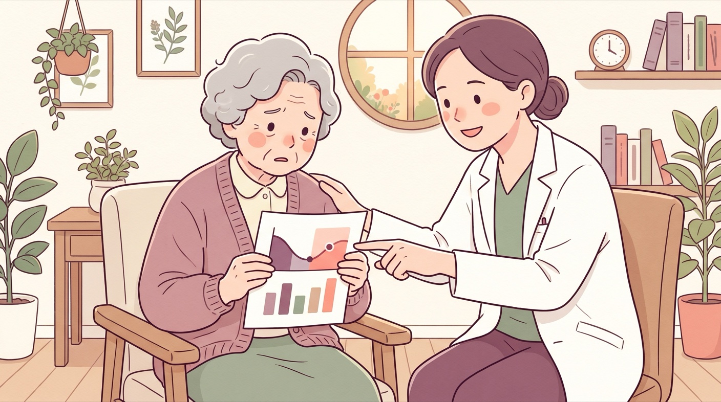 検査結果の紙を手に数字に戸惑う女性に、医師が「ここだけ見れば大丈夫」とやさしく指し示している