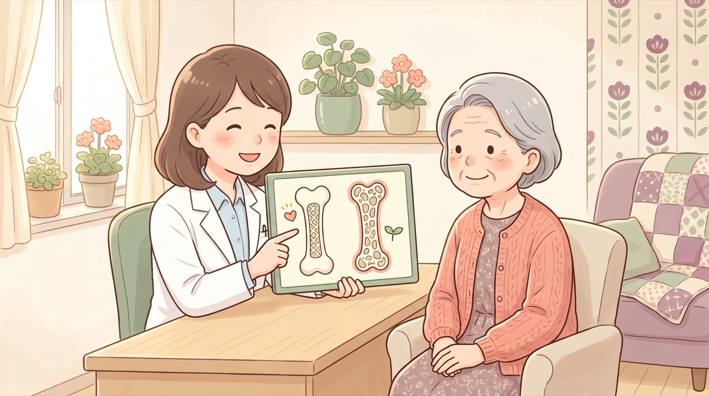 「正常と言われたのに、なぜ？」と戸惑う女性に、医師が骨の質についてやさしく説明している