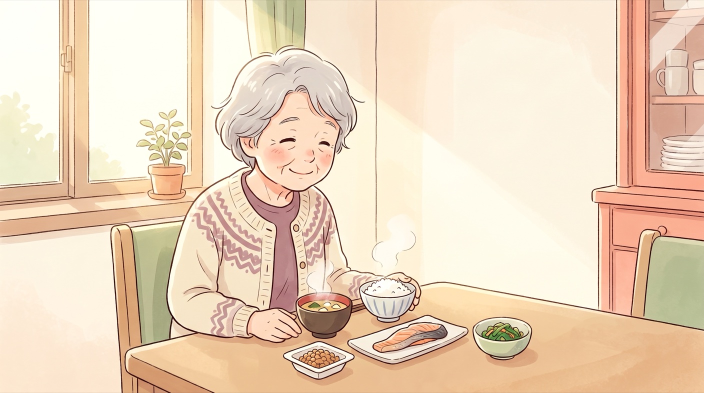 食卓で湯気の立つ和朝食（ごはん・味噌汁・納豆・青菜）を前に、ほっと微笑む年配の女性