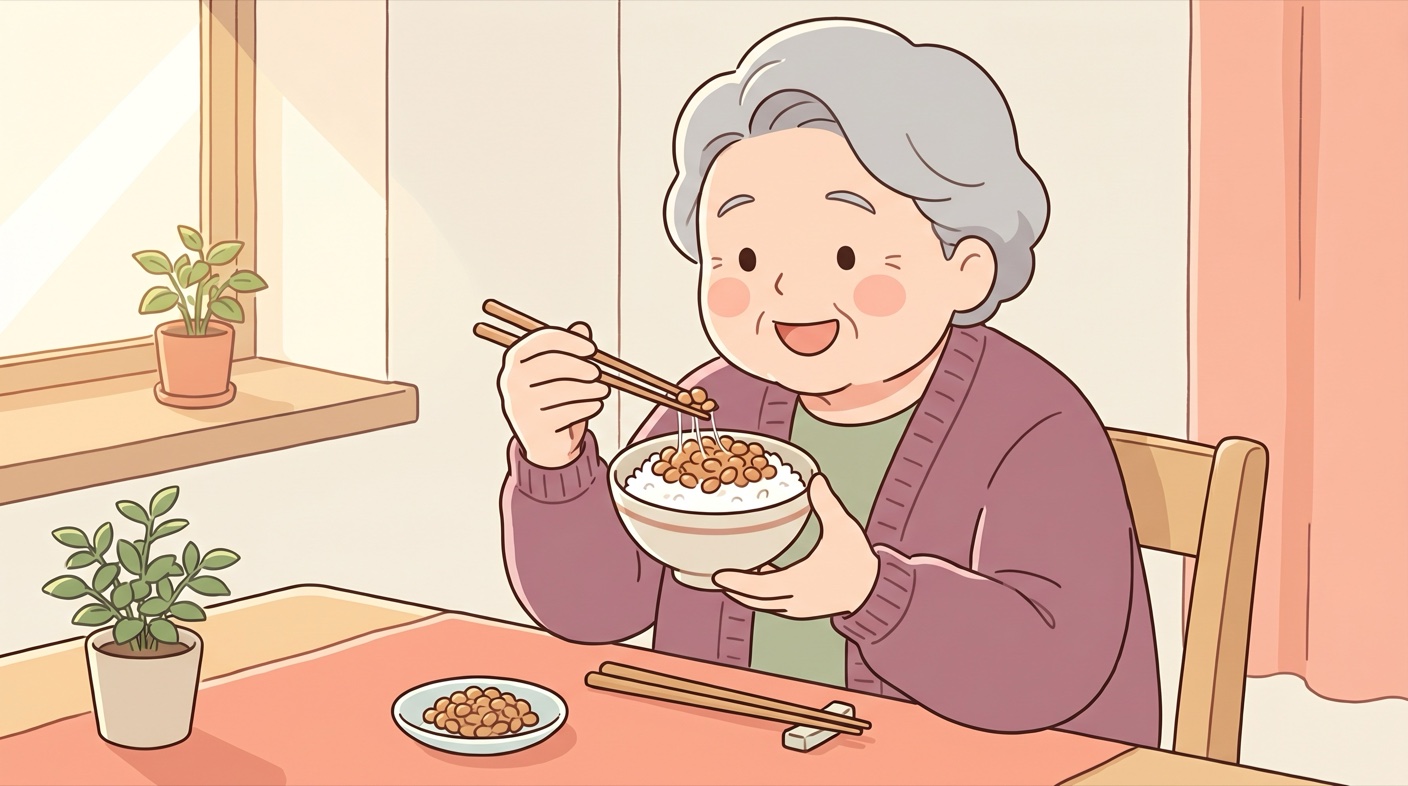 朝食の食卓で、ごはんに納豆をのせて嬉しそうに笑う年配の女性