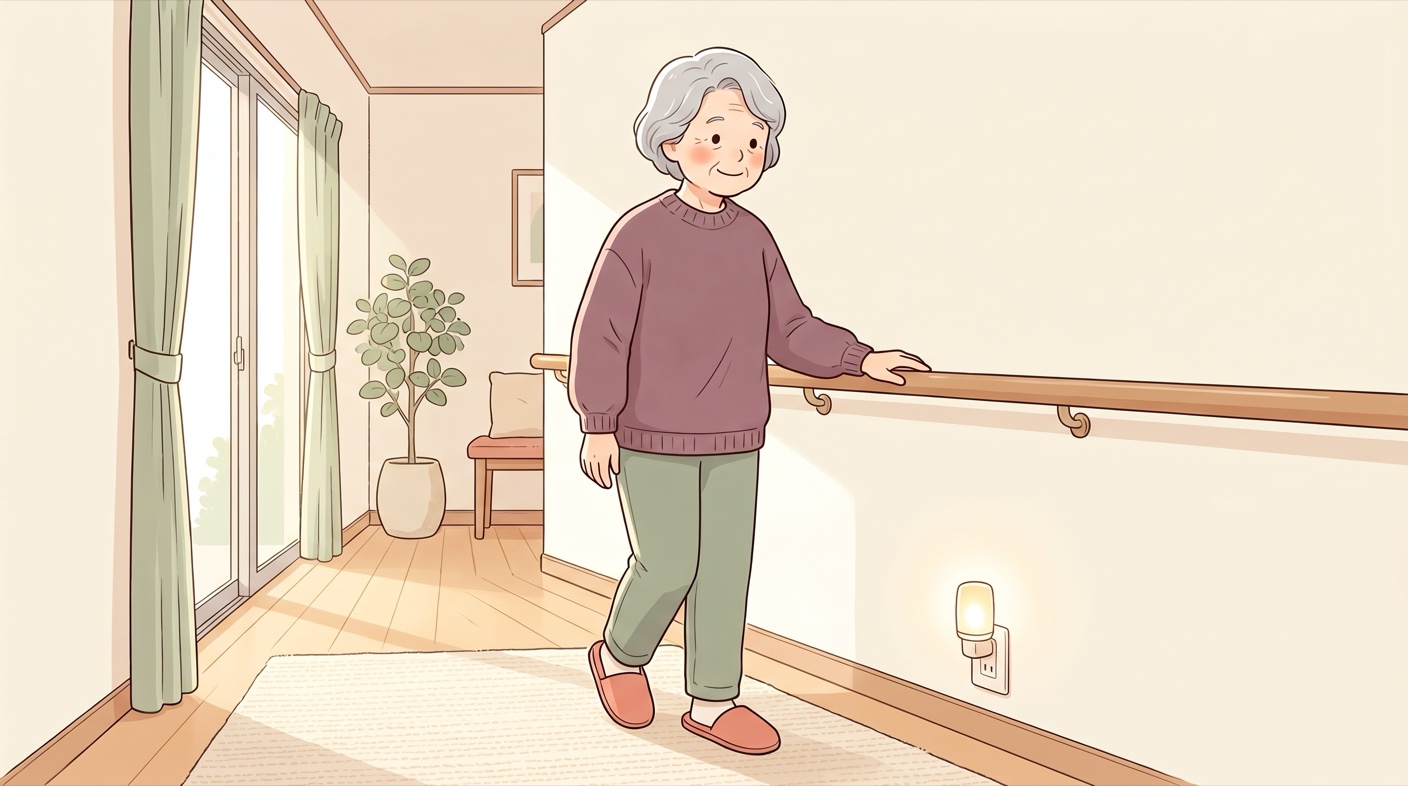 玄関先で、手すりにそっと手を添えながら、かかとのある室内履きで安全に歩く年配の女性