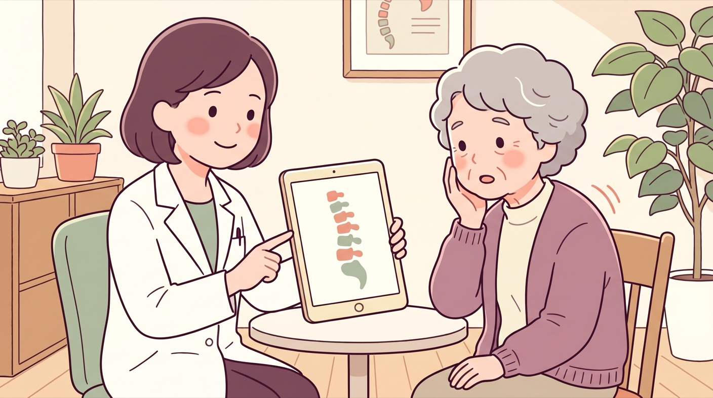診察室で、医師がレントゲンを見せながら、背中が少し丸くなった年配の女性にやさしく説明している
