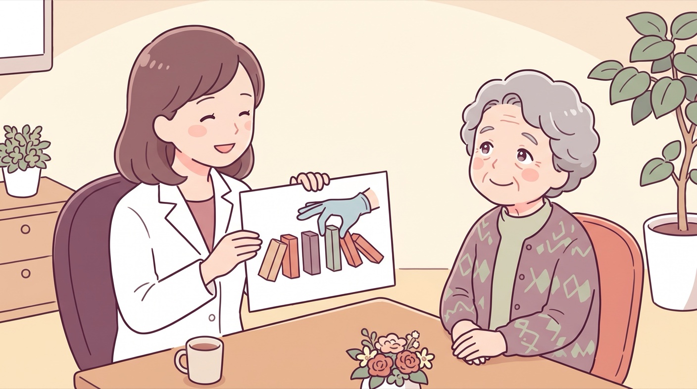 診察室で、医師がドミノが途中で止まる図を見せながら、年配の女性を励ますように説明している
