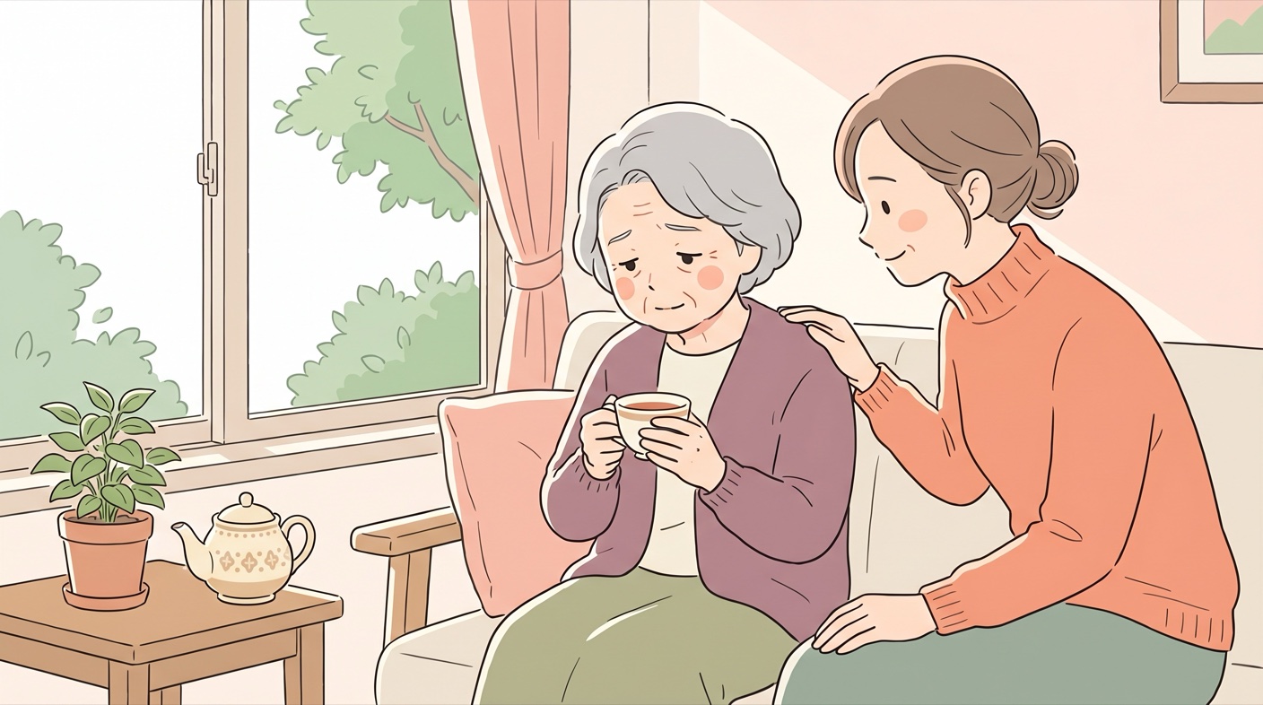 窓辺で少しうつむく年配の女性の肩に、家族がそっと手を添えて寄り添っている、温かい場面