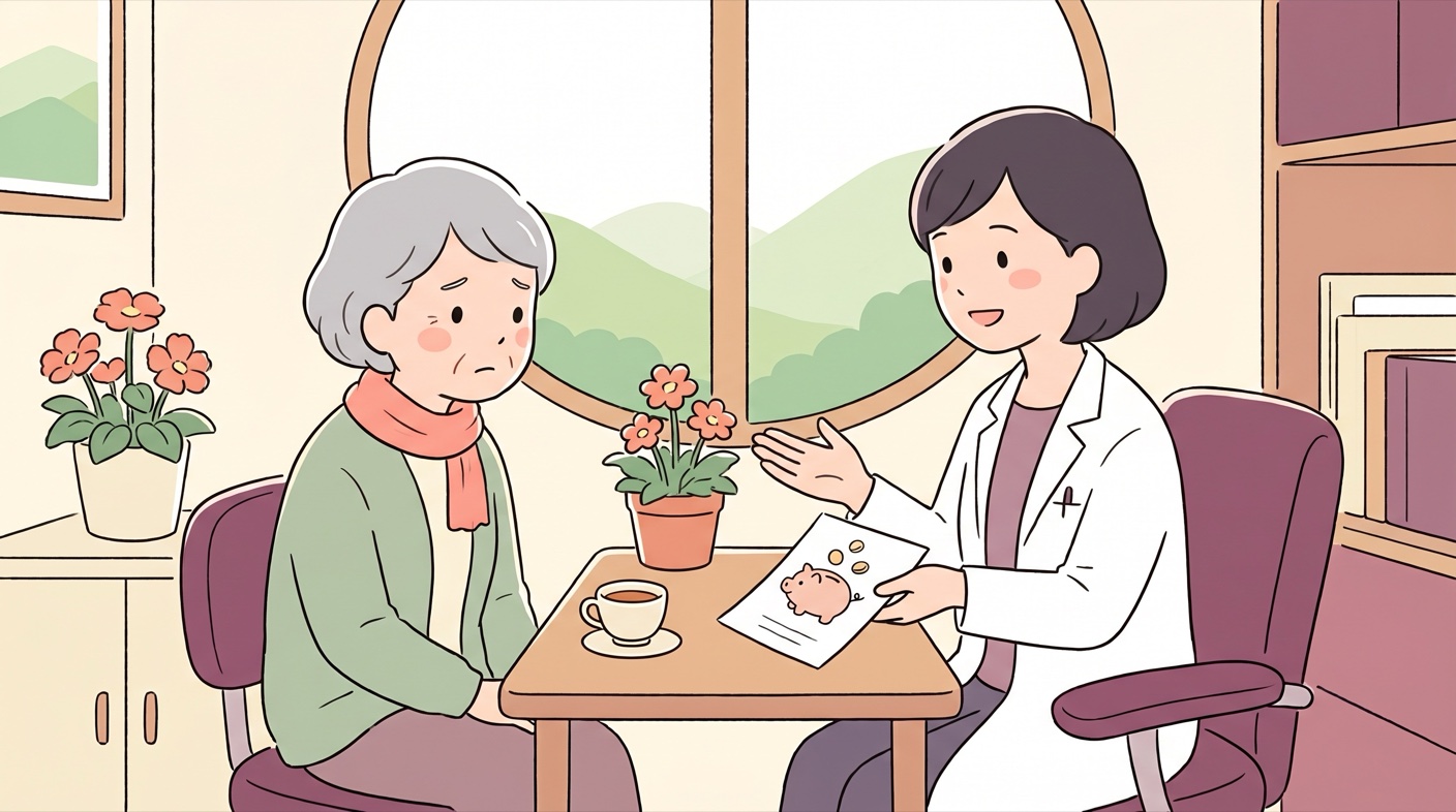 診察室で、医師が費用や公的制度について、年配の女性に安心させるようにやさしく説明している