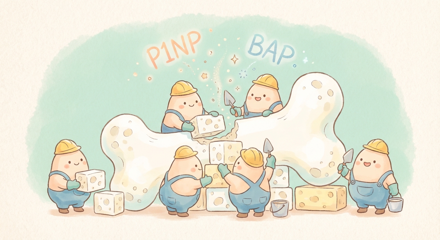 骨芽細胞の骨形成とマーカー（P1NP・BAP）の放出