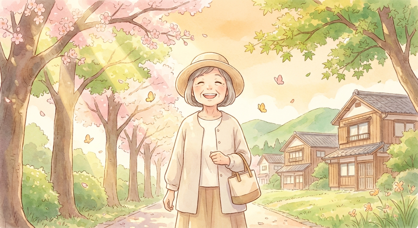 太陽の下で散歩する高齢女性