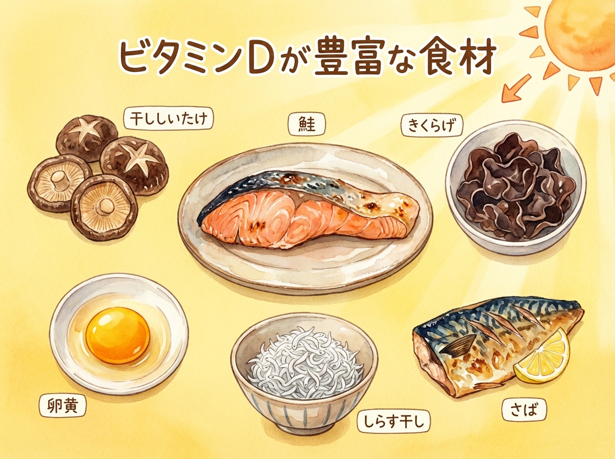 ビタミンDが豊富な食品(鮭・きくらげ・干ししいたけ・しらす干し)