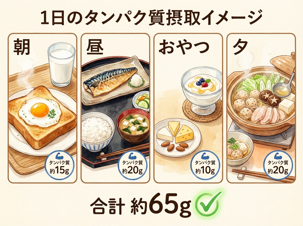 1日のタンパク質摂取プラン(朝・昼・おやつ・夕)