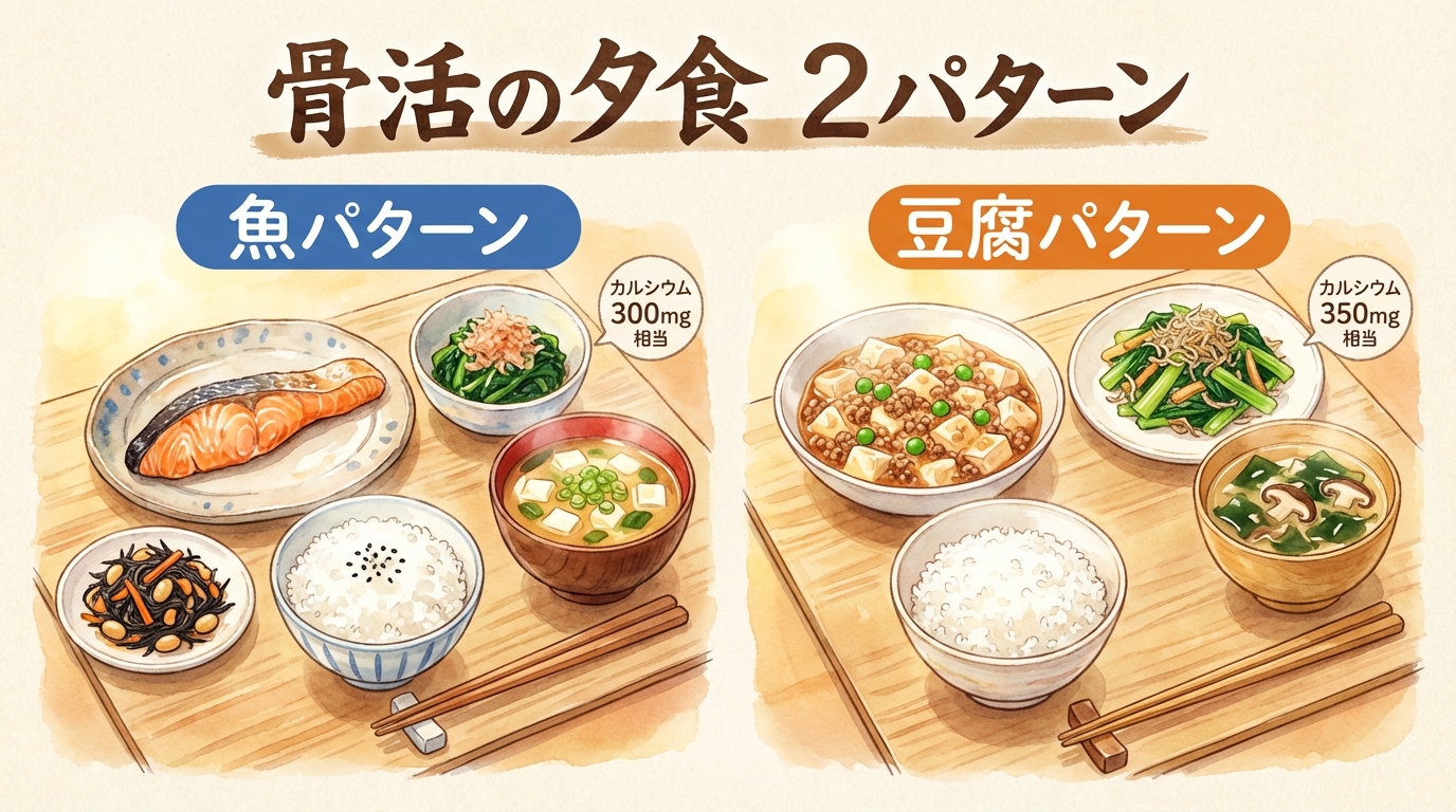 夕食の骨活メニュー（魚と豆腐の2パターン）