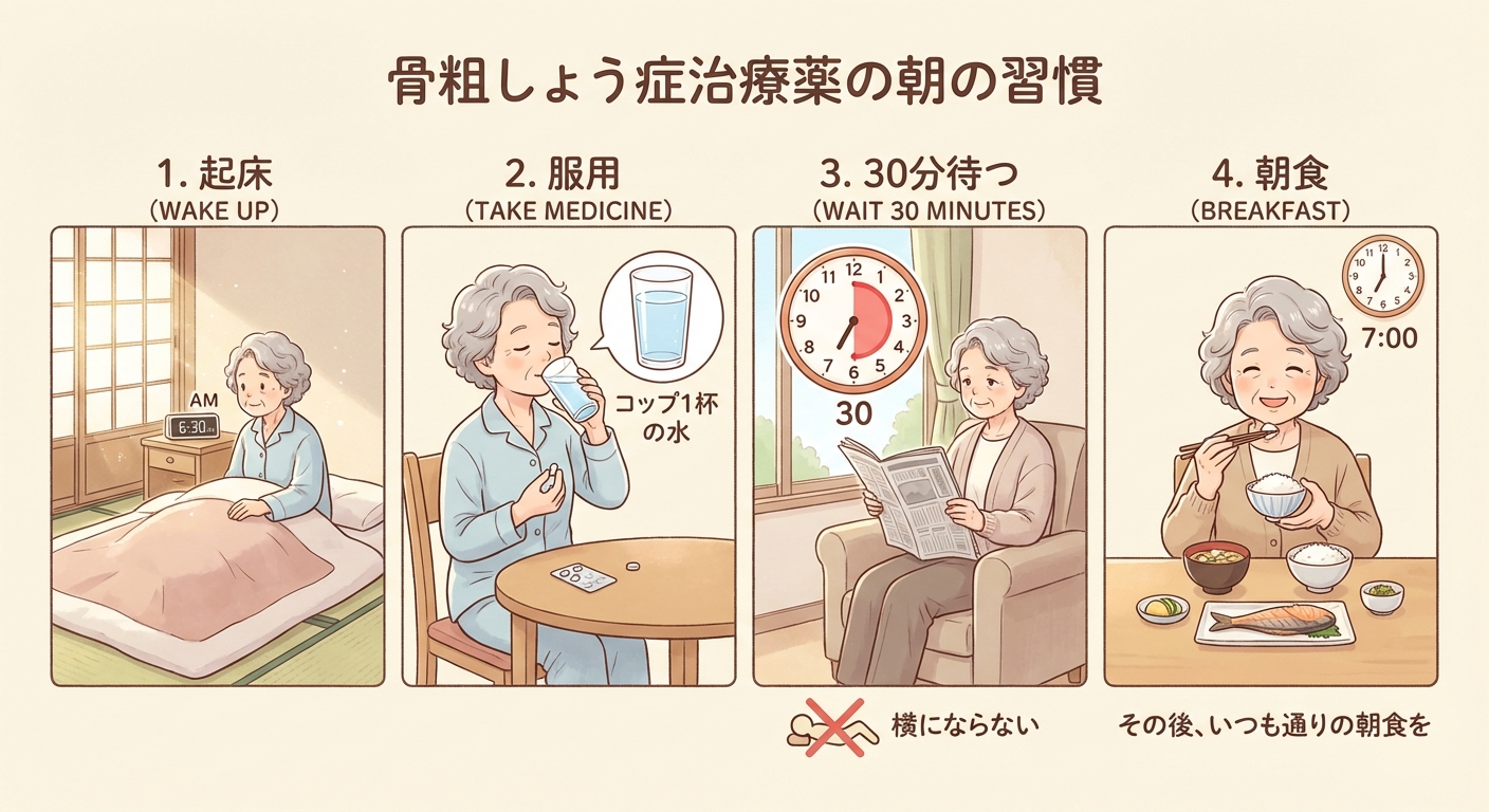 朝の服薬習慣:水で飲んで30分待つ