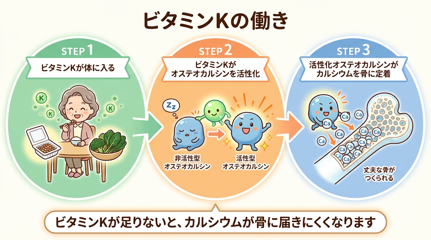 ビタミンKがカルシウムを骨に定着させる3ステップ