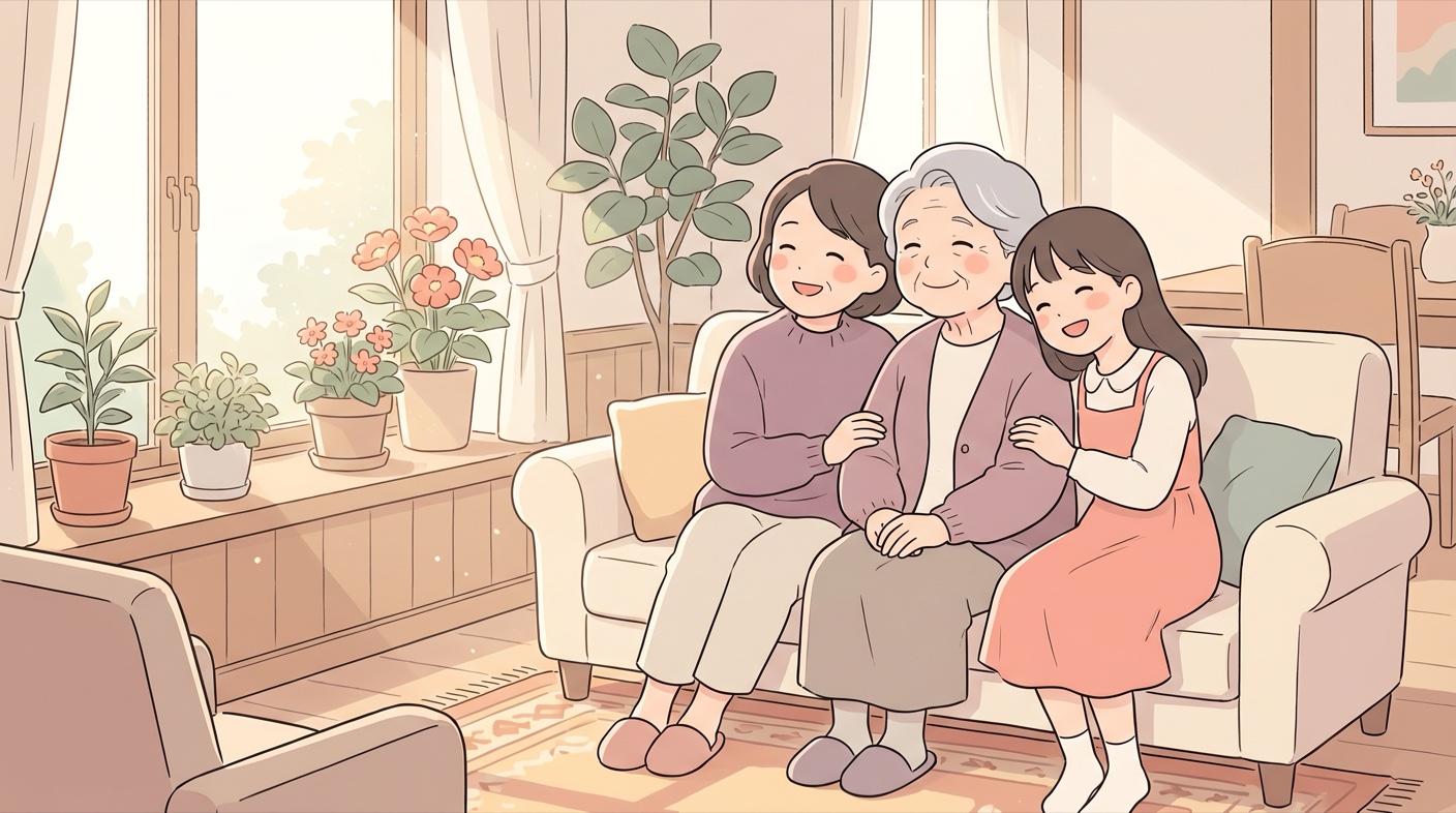 三世代の女性(祖母・母・娘)が日の差すリビングで、笑顔で寄り添っている温かい場面